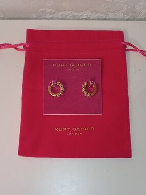 Kurt Geiger Gold Crystal Accent Mini Hoop Earrings with Pink Pouch